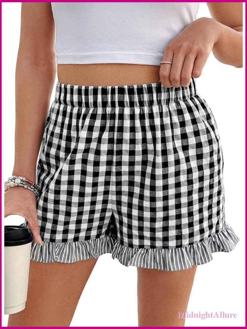 Plaid Ruffle Pajama Shorts with Pockets